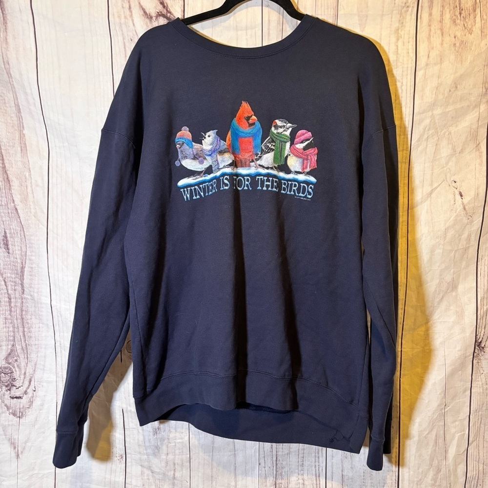 Vintage Winter is for the Birds Navy Sweatshirt with Bird Graphic Large